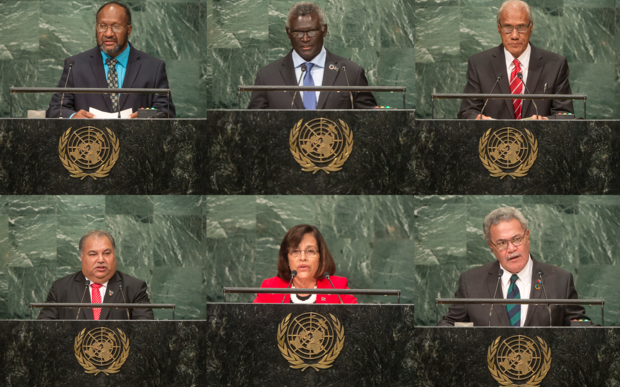 Pacific leaders at the UN General Assembly the issue of West Papua. Top L to R: Vanuatu Prime Minister Charlot Salwai; Solomon Islands Prime Minister Manasseh Sogavare; Tonga Prime Minister 'Akilisi Pohiva. Bottom L to R: Nauru President Baron Waqa; Marshall Islands President Hilda Heine; Tuvalu Prime Minister Enele Sopoaga Photo: UN Photo 